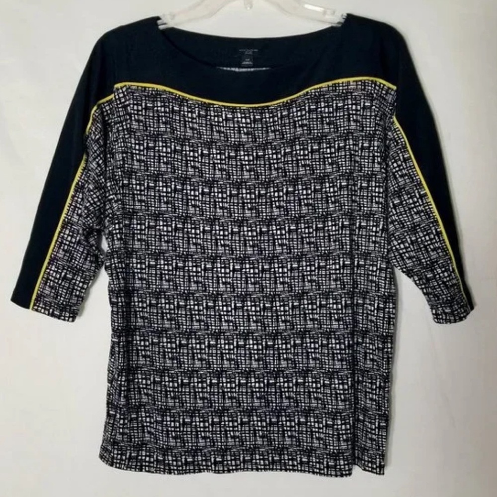 Ann Taylor women S black white yellow geometric boat neck 3/4 sleeve